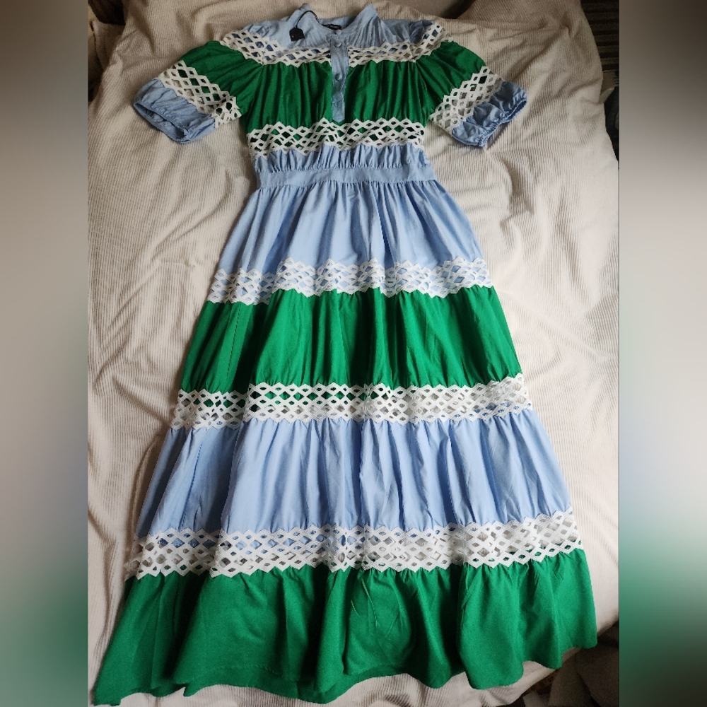 Dolce Squa BLUE & GREEN COLOR BLOCK MAXI WITH WHITE TRIMMINGSsz L - Picture 9 of 15